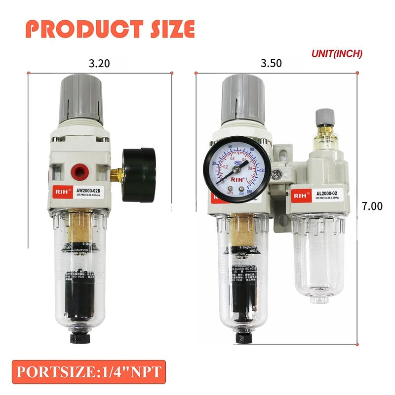 RIH Store Pneumatics Compressed Air Filter Regulator Lubricator Combo Water/Oil Trap Separator - Gauge(0-150 psi), Semi-Auto Drain, Poly Bowl,Bracket - 3 in 1 Two Unit (1/4“ NPT Auto Drain) - Image 2